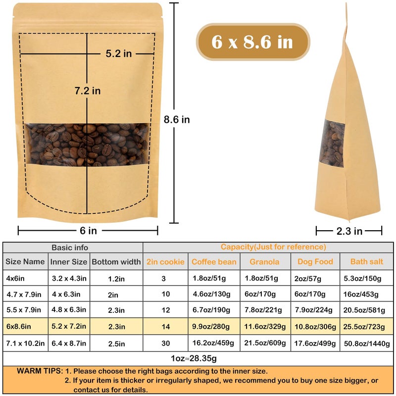 Blisstime 50 Pack Kraft Paper Stand Up Pouch Bags, Resealable Bag with Transparent Window and Tear Notch for Multipurpose Storage (6 X 8.6 Inches) - Image 2